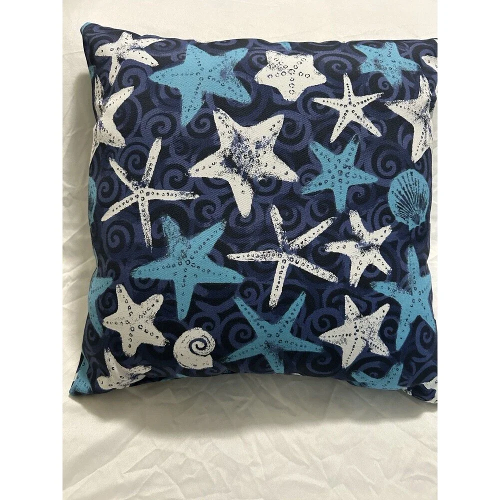 Set of 2 Blue & White Coastal Starfish Square Throw Pillows 18x18 Sewn Closed